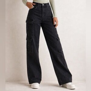 Black Cargo Wide Leg Jeans | Size 4 | Y2K Utility | High Waisted